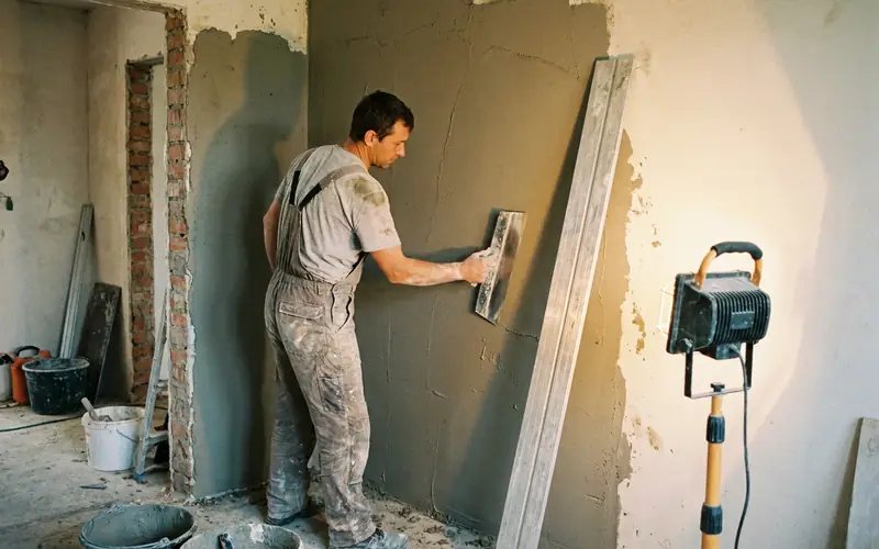 Stukadoor die met de spaan een gipslaag gladstrijkt op een binnenmuur, rei tegen de wand